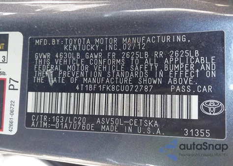 2012 Toyota Camry Se from USA, damaged, VIN 4T1BF1FK8CU072787